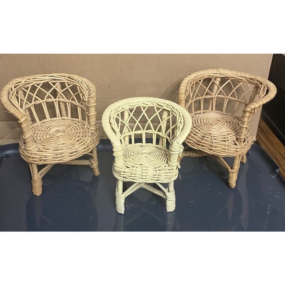 Vintage Lot of 3 Wicker Rattan Doll Bear Chairs‎